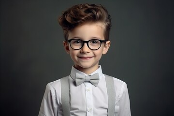 Portrait of a little boy in glasses and bow tie. Studio shot.