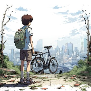 illustration of a boy with a bicycle on the background of the city
