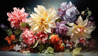 Obraz na płótnie Canvas Colorful bouquet of spring flowers on a dark blue background.