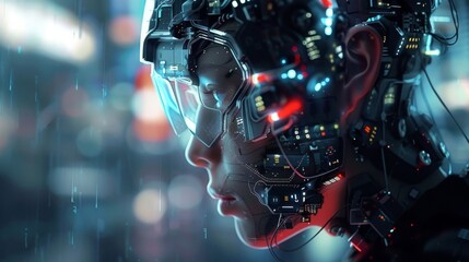 Futurism embodied in a cyberpunk cyborg its biomechanics and cyberkinetics defining a new generation of existence - obrazy, fototapety, plakaty