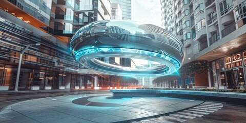 Futuristic teleportation device in action sleek design within an urban setting initiating quantum travel