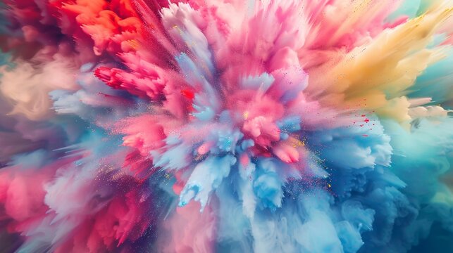 Dive into the mesmerizing world of abstract art with a close-up view of a color explosion, featuring swirling patterns of pink, blue, red, green, and yellow hues against a grainy and dark backdrop.