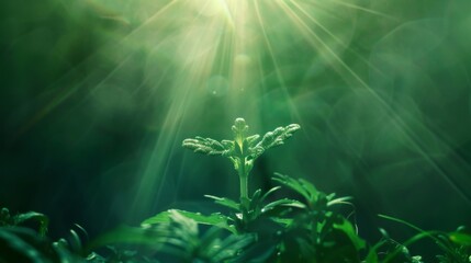 Rays of light shine down on a green cross shaped seedling illustrating the fusion of growth and spiritual renewal - obrazy, fototapety, plakaty
