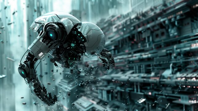 Technological retrogression visualized by the collapse and destruction of bionic advancements crippled by cybernetic malware infection