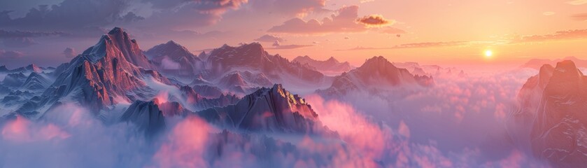 A magnificent sunrise bathes mist-covered mountains in a warm glow, crafting a tranquil and majestic early morning scene that captivates with its serene beauty.