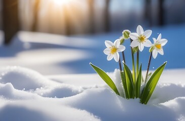 snowdrops in snow. The first flowers grew from under the snow. First day of spring. March 1. Spring day. Women's Day.