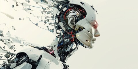 A robot in the midst of transformation its synthetic flesh interwoven with electronic progress and nanotechnology
