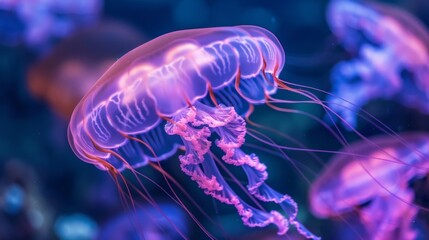 Obraz premium Ethereal jellyfish floating in the submarine gloom their organic phosphorescence creating a psychedelic spectacle undersea