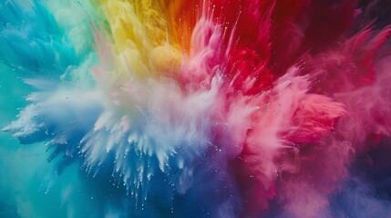 Experience the breathtaking realism of a color explosion up close, where blurred backgrounds of pink, blue, red, green, and yellow come alive in a dark and abstract. - obrazy, fototapety, plakaty