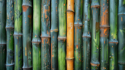 Fototapeta premium Bamboo fence with leaves, copy space.