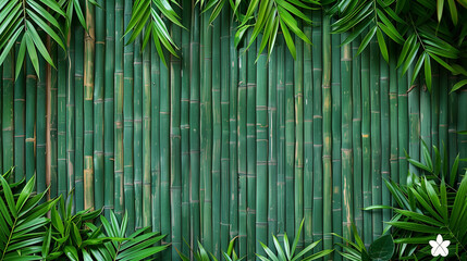 Bamboo fence with leaves, copy space.