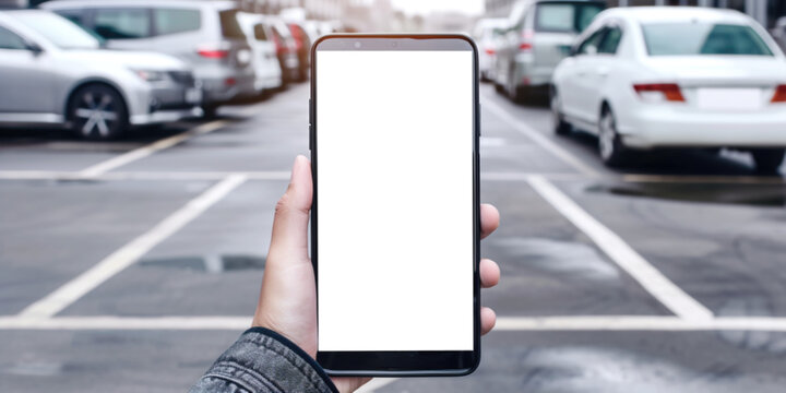 Using application advertising advert concept. Mockup image of a person holding and showing black mobile phone with blank white desktop screen in parking lot parked cars on background