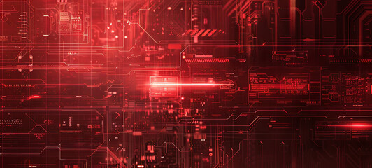 A complex, red-hued cyberpunk interface with intricate circuit designs and futuristic HUD elements, showcasing advanced technology.