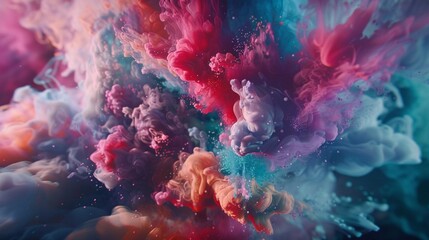 Experience the breathtaking realism of a color explosion up close, where blurred backgrounds of pink, blue, red, green, and yellow come alive in a dark and abstract. - obrazy, fototapety, plakaty