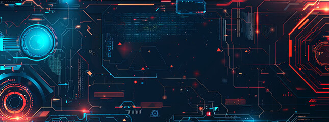 A vibrant display of futuristic HUD elements, showcasing a complex array of cyberpunk-inspired interfaces, glowing lines, and intricate designs that exemplify advanced technology. - obrazy, fototapety, plakaty