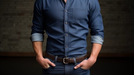 A button-up shirt half-tucked into a pair of jeans, with the sleeves rolled up casually