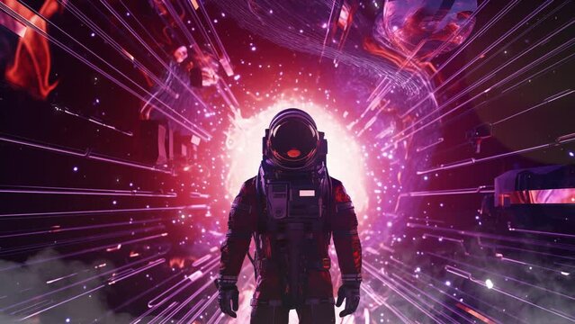 astronaut suit in digital illustration modern glitch art science. seamless looping overlay 4k virtual video animation background 