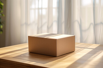 A simple cardboard box sits on a wooden table, bathed in the soft, warm light of a sunny room with sheer curtains.