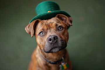 Dog in a leprechaun hat sits on a green background on St. Patrick's Day