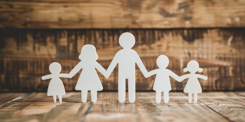 Paper family holding hand on wooden background, family concept 