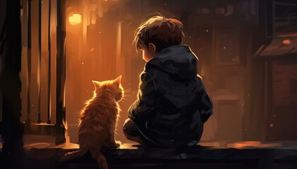Boy with cat in the city at night.