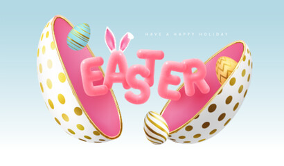Happy Easter typography background with cut out egg, colorful easter eggs and 3D text. Greeting card or poster. Vector illustration