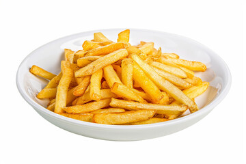 French fries on a white ceramic plate isolated on white background