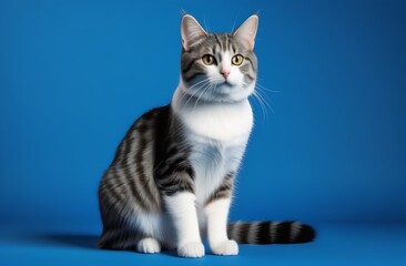 Obraz premium Gray cat on a blue background
