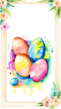 Vertical card for Easter. High quality photo Vertical card for Easter A beige frame, inside of which there are many beautiful, bright Easter eggs, using watercolor technique. Illustration. Spring