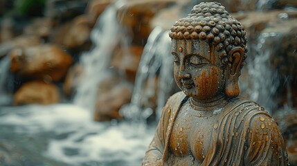 a buddha statue stands near a waterfall