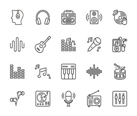 Music line icon set isolated on transparent background