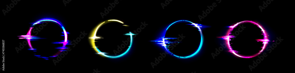 Aufkleber neon circle frame with glitch effect. realistic vector illustration set of retro futuristic ring des