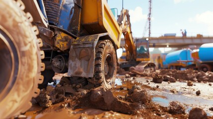 The arm of a large loader Shoveling soil in a construction area Improve the soil surface.