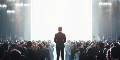 Commanding Presence: A Leader Addresses an Attentive Audience at a Conference, Generative AI. - obrazy, fototapety, plakaty