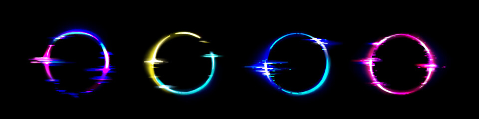 Neon circle frame with glitch effect. Realistic vector illustration set of retro futuristic ring design borders with tv color bugs and digital distortions. Abstract geometric holographic border.
