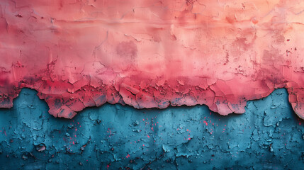 An abstract painting showcasing a rich texture and a bold contrast of blue, orange, and red hues with peeling layers.
