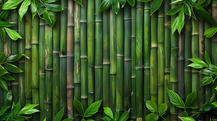 Fototapeta na wymiar Bamboo fence with leaves, copy space.