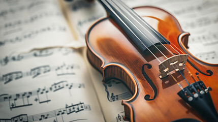 Closeup of a violin over music sheets. Classical music concept.