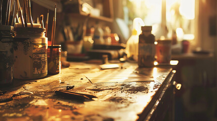 Old used drawing tools on a wooden table in an artist sudio - obrazy, fototapety, plakaty
