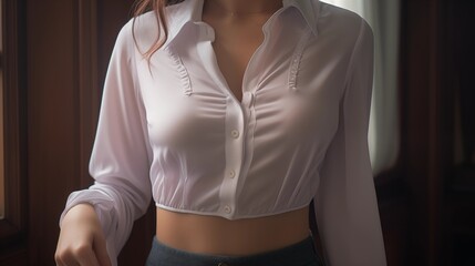 A button-up shirt cradled in delicate, feminine hands, highlighting its soft texture
