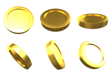 Gold Glossy Coins Set PNG. Transparent Background