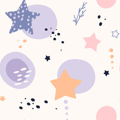 Bohemian baby pattern. Seamless baby pattern in boho style. Bohemian pattern for kids with organic shapes and stars on white background.