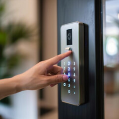 Closeup of woman finger entering password code on the smart digital touch screen keypad entry door lock in front of the room. Smart device concept. 