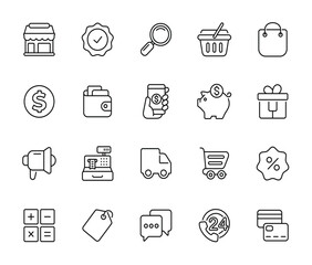 Online shop line icon set isolated on transparent background. E commerce icon set