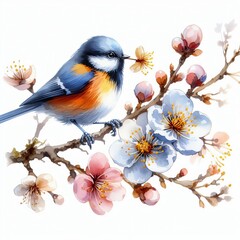 Amazing painted picture of a bird on a flowering branch. Isolated on a white background.
