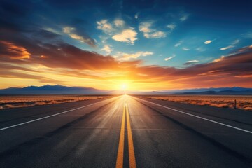 A long, deserted highway receding into the horizon at sunset, symmetrical road markings, vibrant sky colors reflected on the asphalt