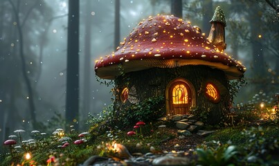 Fototapeta premium A magical mushroom house nestled within the embrace of an enchanted forest