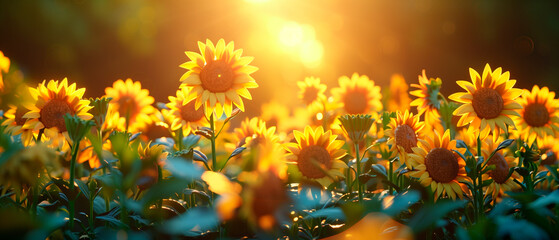 several beautiful sunflowers with green leaves