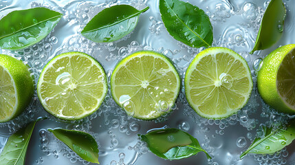 Close-up of fresh limes in water, bright and refreshing. Limes in sparkling water