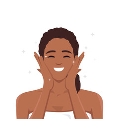 Happy Satisfied black Woman showing perfect facial skin. Flat vector illustration isolated on white background